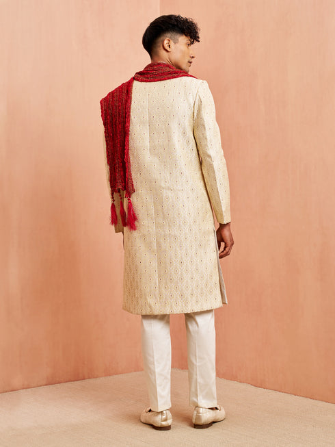 Men's Cream Jacquard Sherwani Pyjama Dupatta Set